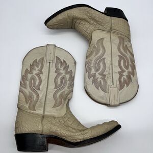 Vintage Leather Western Cowboy Boots Cream ALLIGATOR Skin Vamp Mexican Size 28